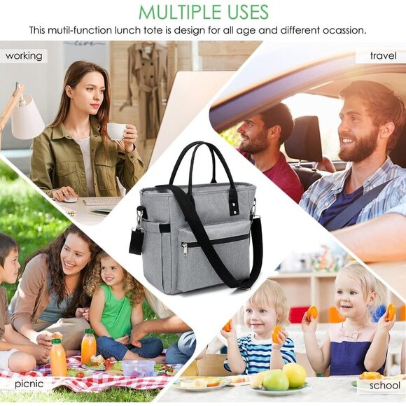 Large Insulated Lunch Bag for Women, Tote for Work, Picnic & Outdoor Grey - Picture 6 of 7
